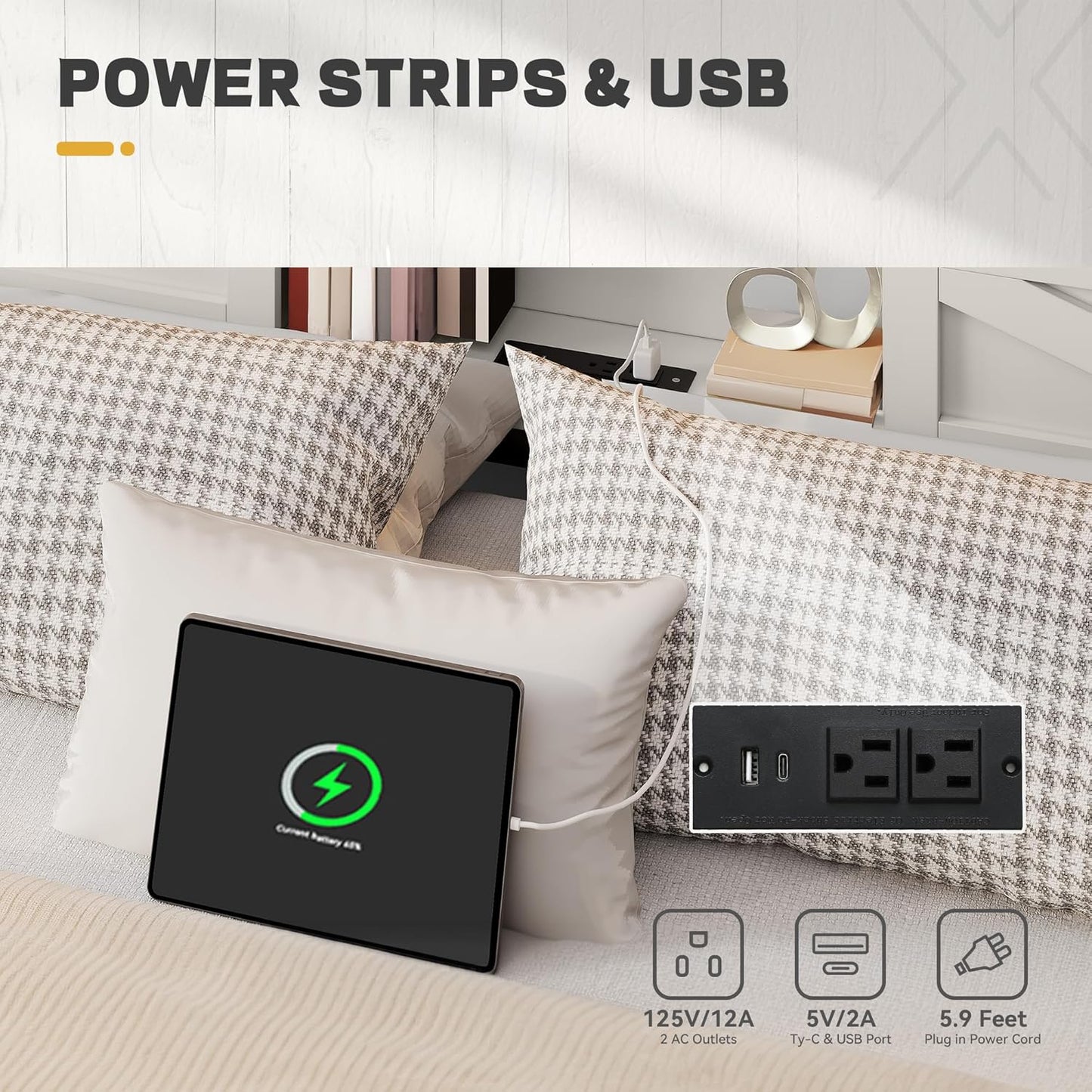 Farmhouse Bed Frame with Storage Headboard Queen Size, Platform Bed Frame with LED Lights and Charging Station, Sliding Barn Door, Solid Metal Slats, No Box Spring Needed (White)