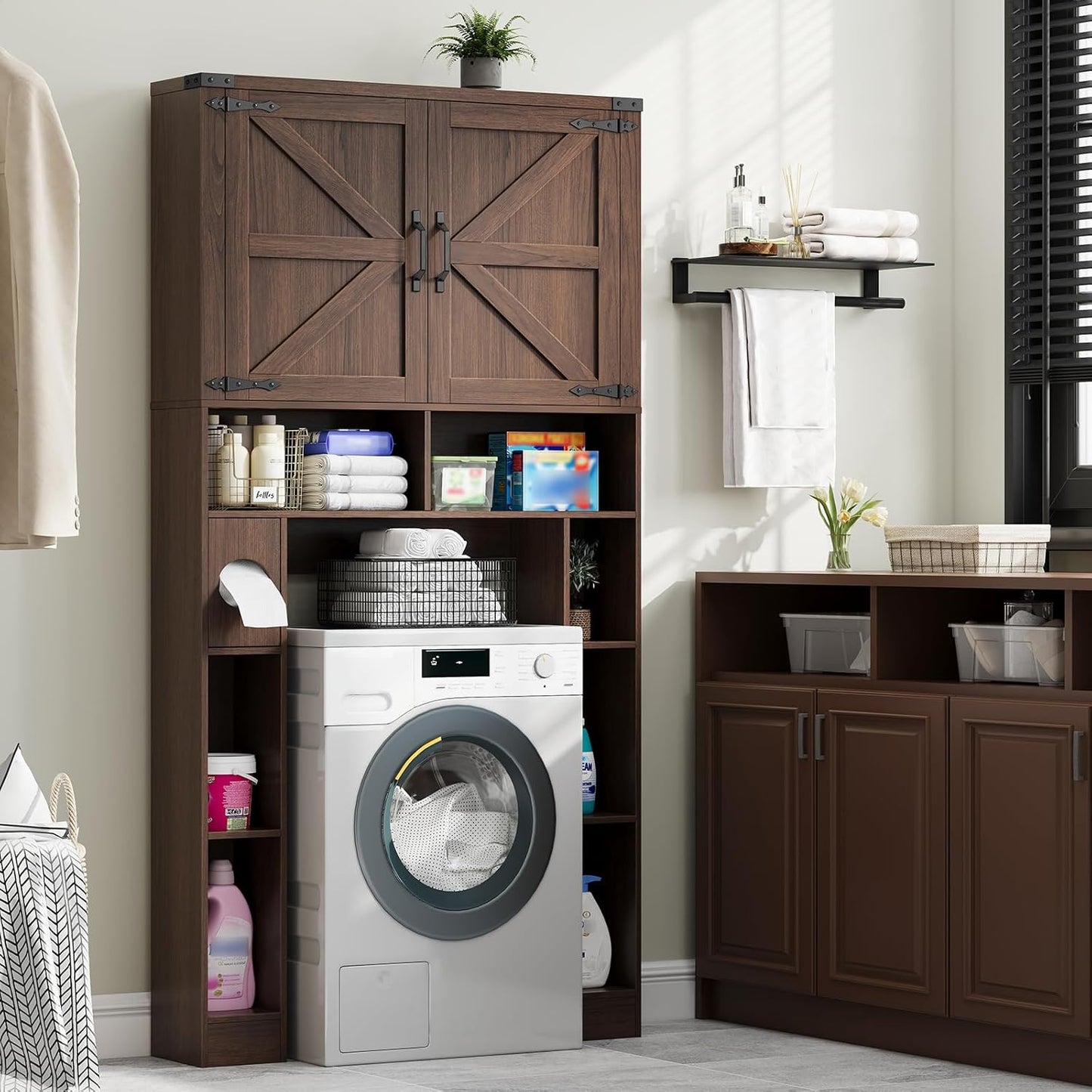 Over the Toilet Storage Cabinet, Farmhouse Storage Cabinet over Toilet with 2 Barn Doors ，Toilet Paper Holder Stand，Home Space-Saving Toilet Rack, for Laundry, Restroom, Bathroom.Espresso