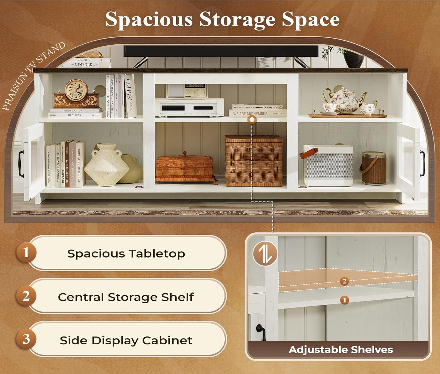 TV Stand for 60 Inch TV, TV Console Cabinet with Power Outlets and LED Lights, 54 Inch Entertainment Center, 2 Acrylic Cabinets, 4 Cable Holes, Open Shelves, for Living Room, Distressed White