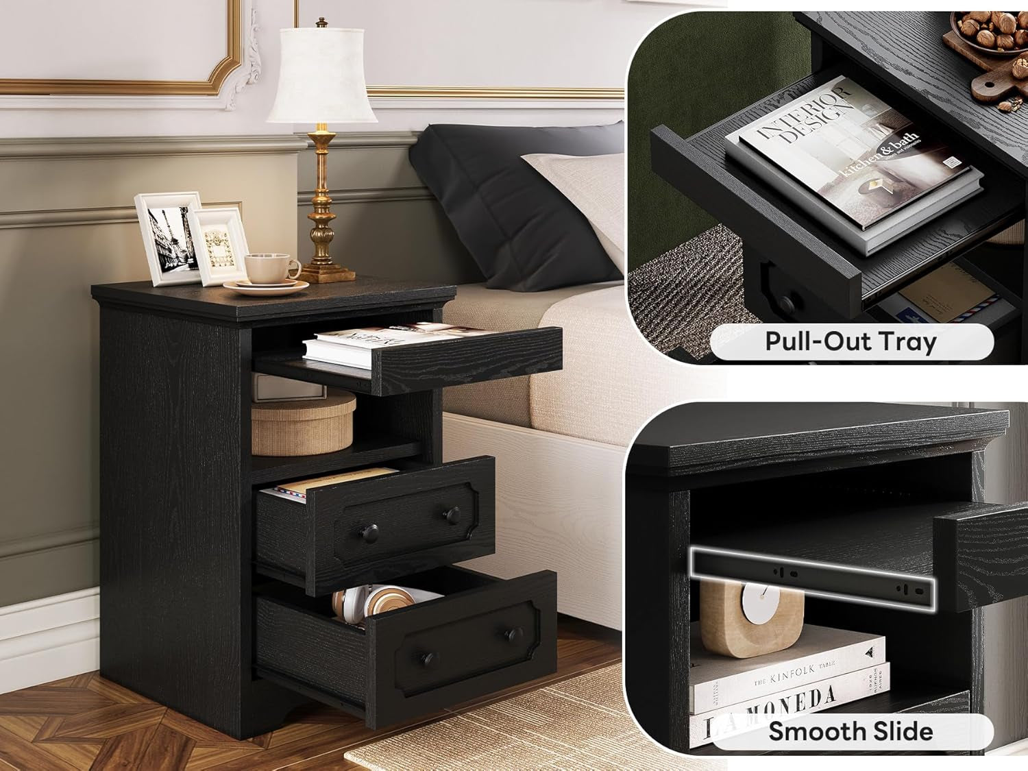 Night Stand, Modern Bedside Table with 2 Drawers, Open Shelf, End Table with Pull-Out Tray, Wood Sidetable, Black