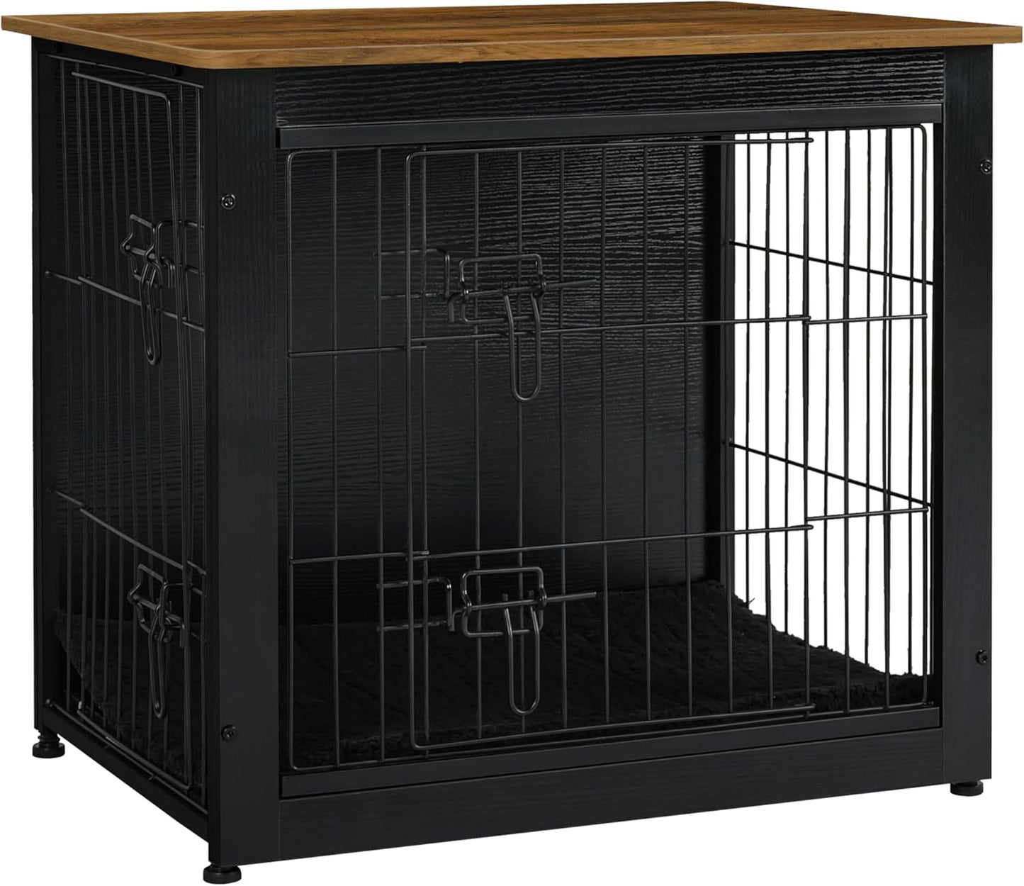 Dog Crate Furniture with Cushion, Wooden Kennel Table with Double Doors, Indoor Dog House, Small/Medium/Large Size, 27.2" L, Black+Warm Brown
