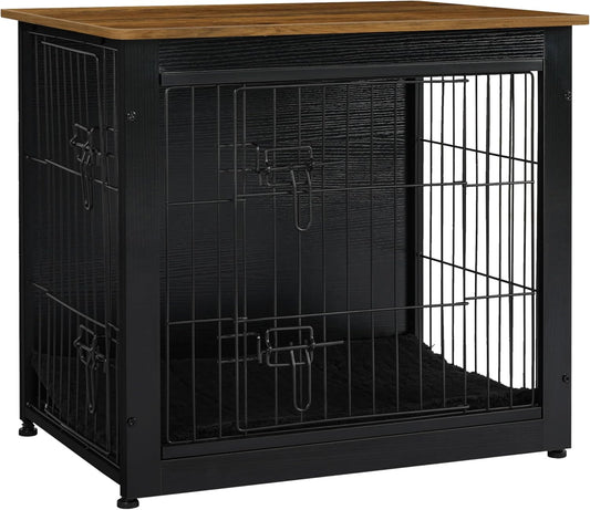 Dog Crate Furniture with Cushion, Wooden Kennel Table with Double Doors, Indoor Dog House, Small/Medium/Large Size, 27.2" L, Black+Warm Brown