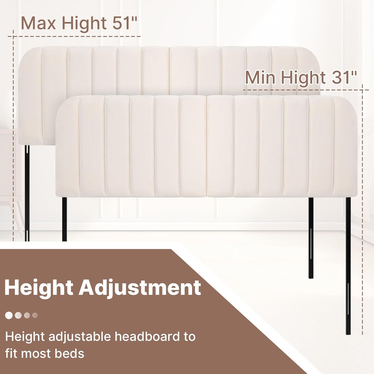 Upholstered Headboard - Striped Interval - Adjustable Height - Metal Legs - Bed Frame (Beige, Queen (U.S. Standard))