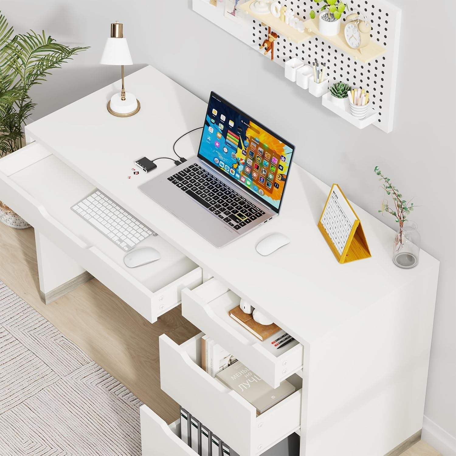 52 Inch White Desk with 4 Drawers, Computer Desk with Storage for Small Spaces with Storage File Cabinet, Small Home Office Desk with Drawers for Bedroom