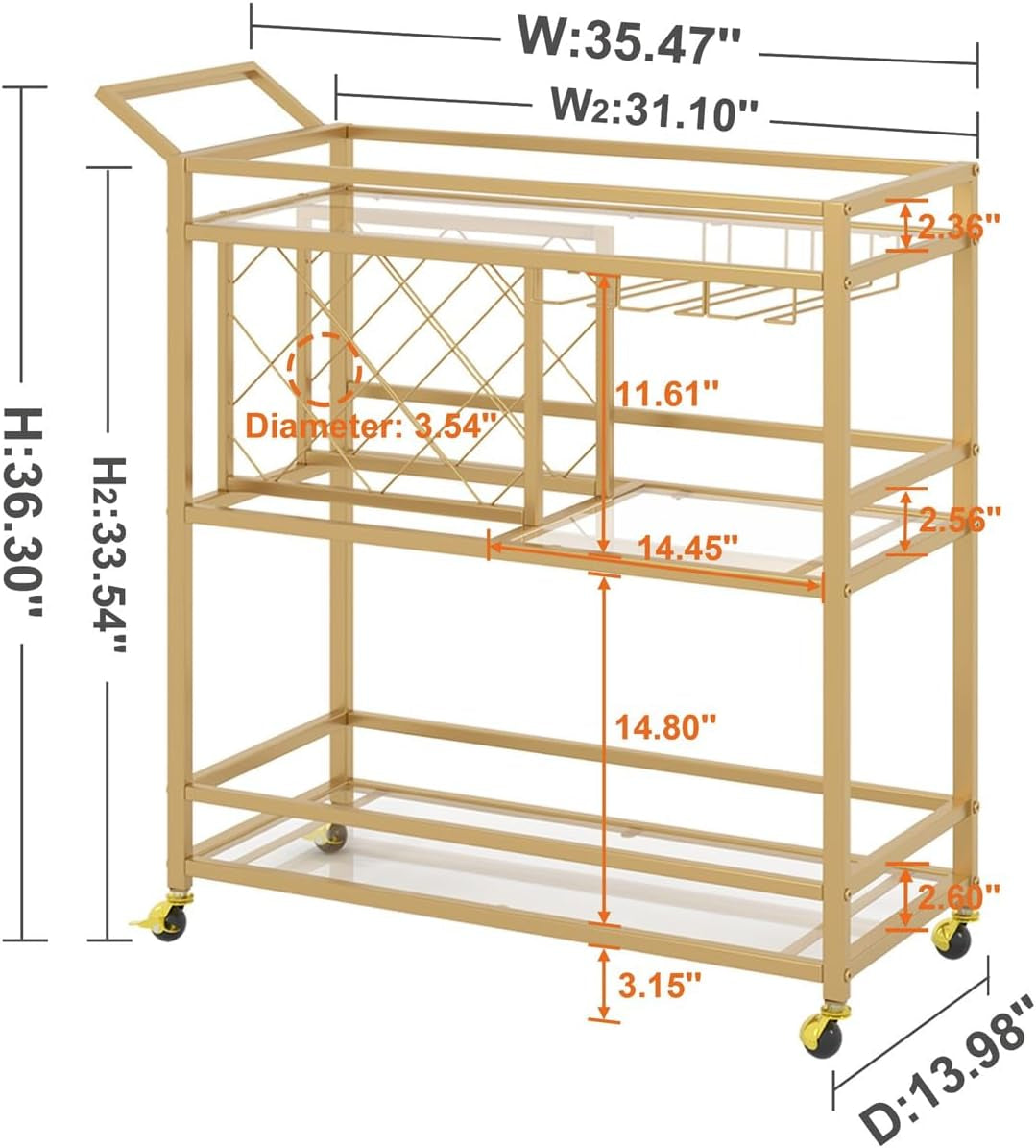 Bar Cart Gold, Home Bar Serving Cart with Wine Rack and Glasses Holder, Wine Carts on Wheels with 3 Tier Mirrored Shelves for Liquor and Beverage (Gold)