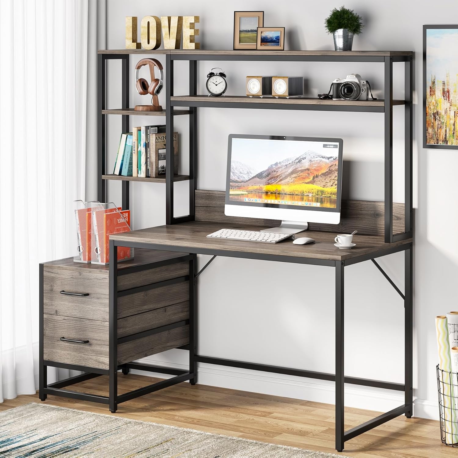 55 Inch Computer Desk with 2 Drawers and Storage Shelves, Rustic Office Desk with Hutch, Study Writing Gaming Table Laptop Workstation for Home Office (Grey)
