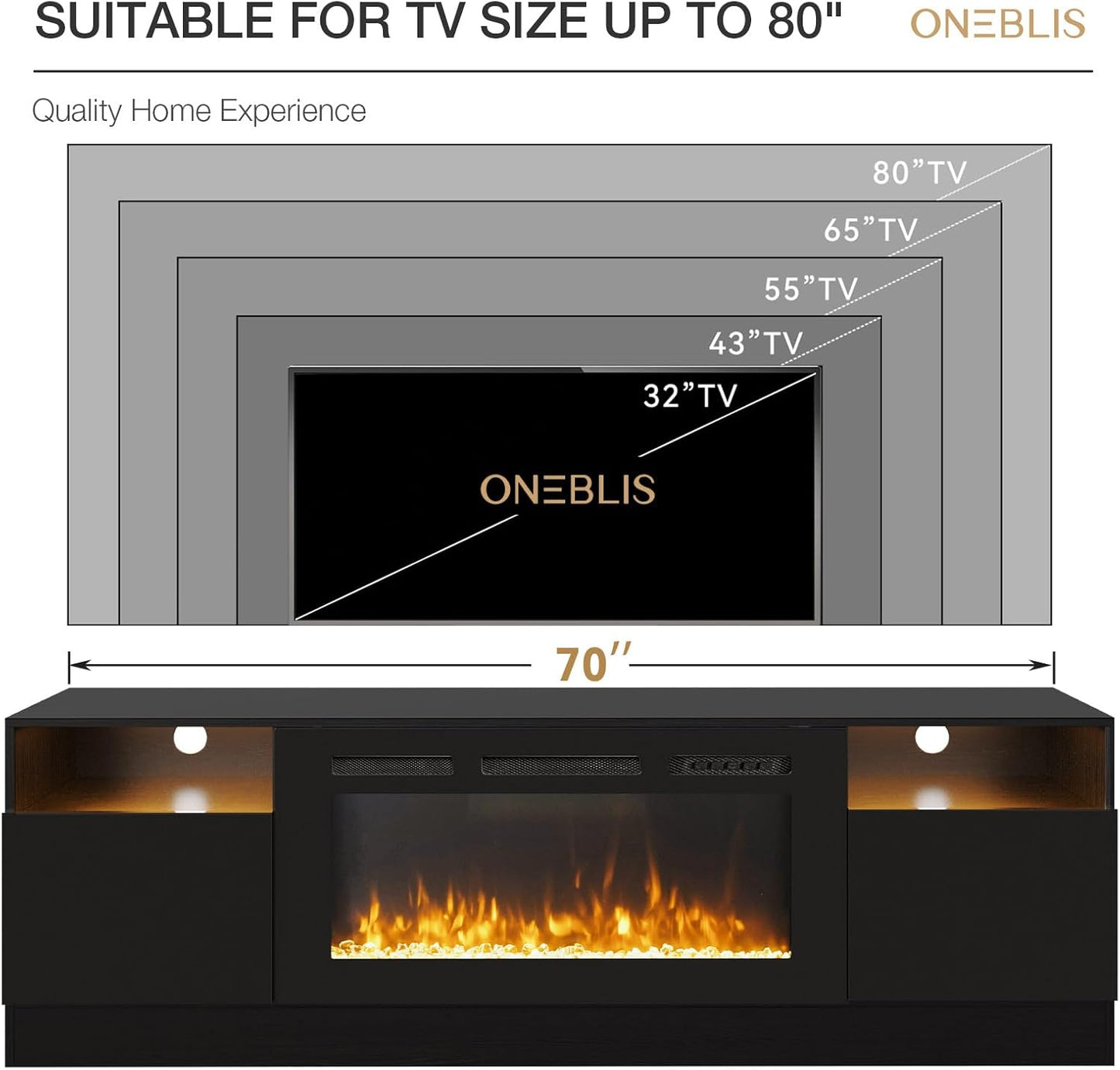 70" Fireplace TV Stand with 36" Electric Fireplace, LED Light Entertainment Center for Tvs up to 80", High-Gloss Door, Modern TV Console for Living Room with Storage Cabinet, Black+Black