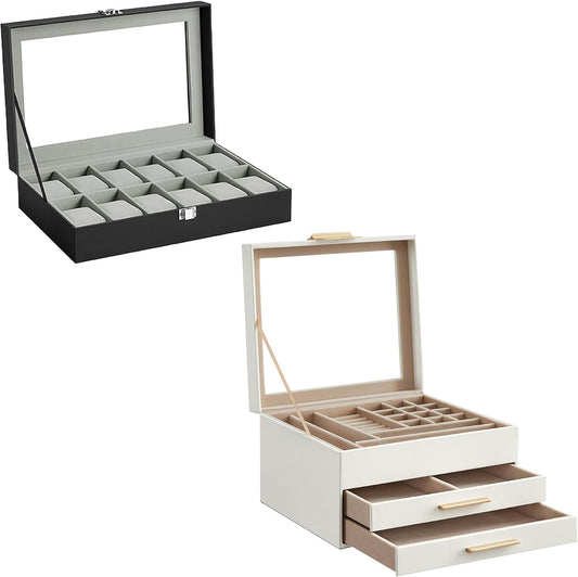 3-Layer Jewelry Box and 12-Slot Watch Box Bundle, Jewelry Organizer with Glass Lid, for Big and Small Jewelry, Removable Watch Pillows, Cloud White and Ink Black UJBC239WT and UJWB12BK