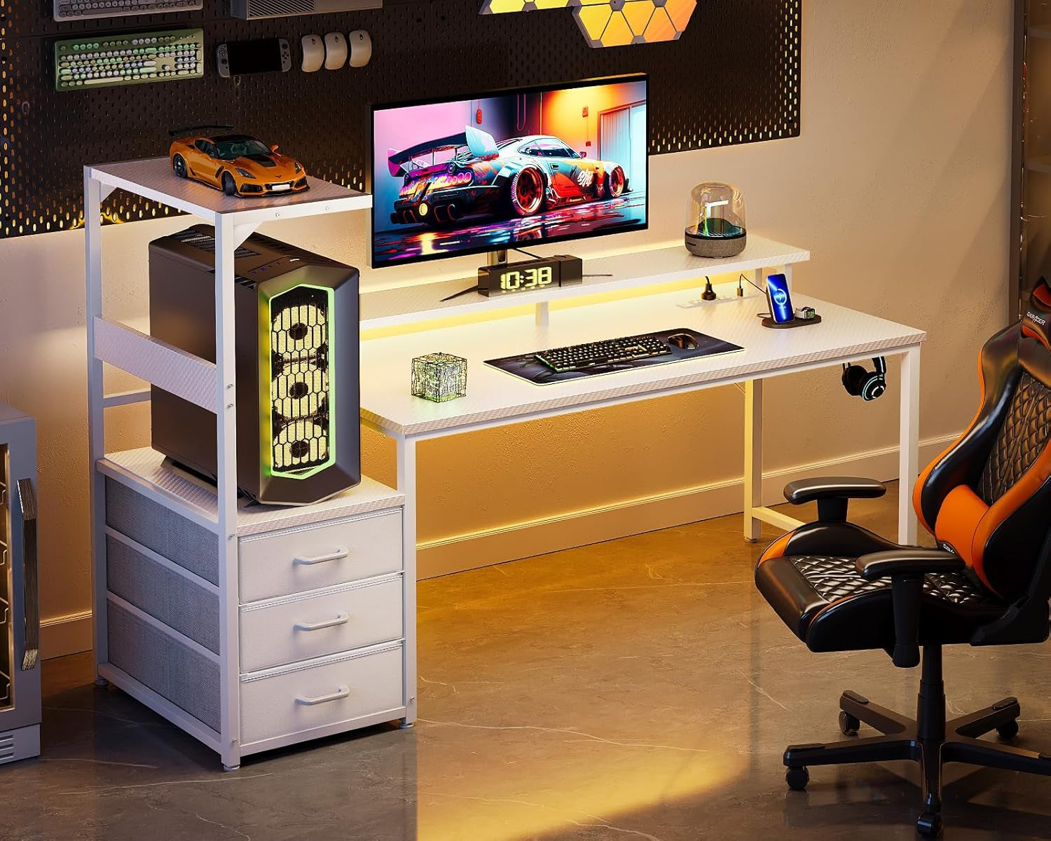 59 Inch Gaming Desk with USB Charging Ports & LED Light - Reversible Computer Desk with 3 Fabric Drawers, Monitor Stand, CPU Stand, and Side Hook, Modern Office Desk, White