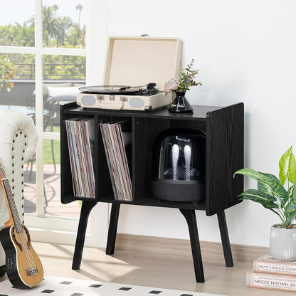 Record Player Stand,Vinyl Record Storage Table with 4 Cabinet up to 120 Albums,Mid-Century Turntable Stand with Wood Legs,Black Vinyl Holder Display Shelf for Bedroom Living Room