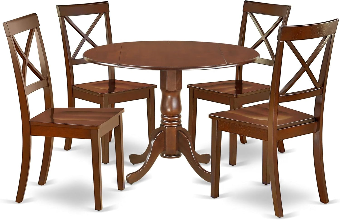 DLBO5-MAH-W 5 Piece Dining Room Table Set Includes a round Dining Table with Dropleaf and 4 Wood Seat Chairs, 42X42 Inch, Mahogany