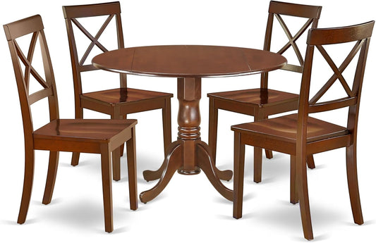 DLBO5-MAH-W 5 Piece Dining Room Table Set Includes a round Dining Table with Dropleaf and 4 Wood Seat Chairs, 42X42 Inch, Mahogany