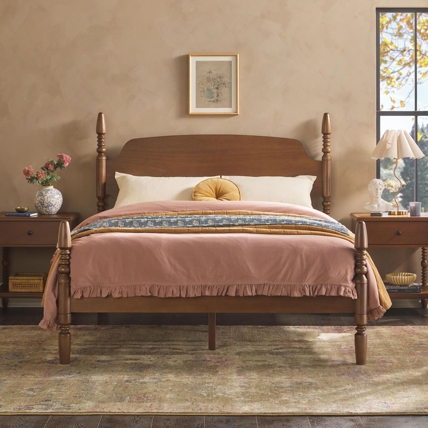 EZ Assembly™ Traditional Wood Spindle Post Bed, Modern Farmhouse Bed Frame Queen Bed Frame with Headboard, No Box Spring Required, Queen Size, Dark Brown