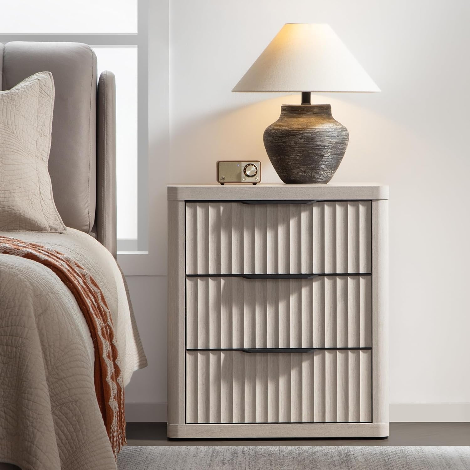 Night Stand Set of 2 Nightstands with 3 Drawers Storage Bedside Table Large Fluted Bed Side End Table Modern 25.6" Tall Wide Night Stands for Bedroom Living Room Sofa Couch Office, White Alder