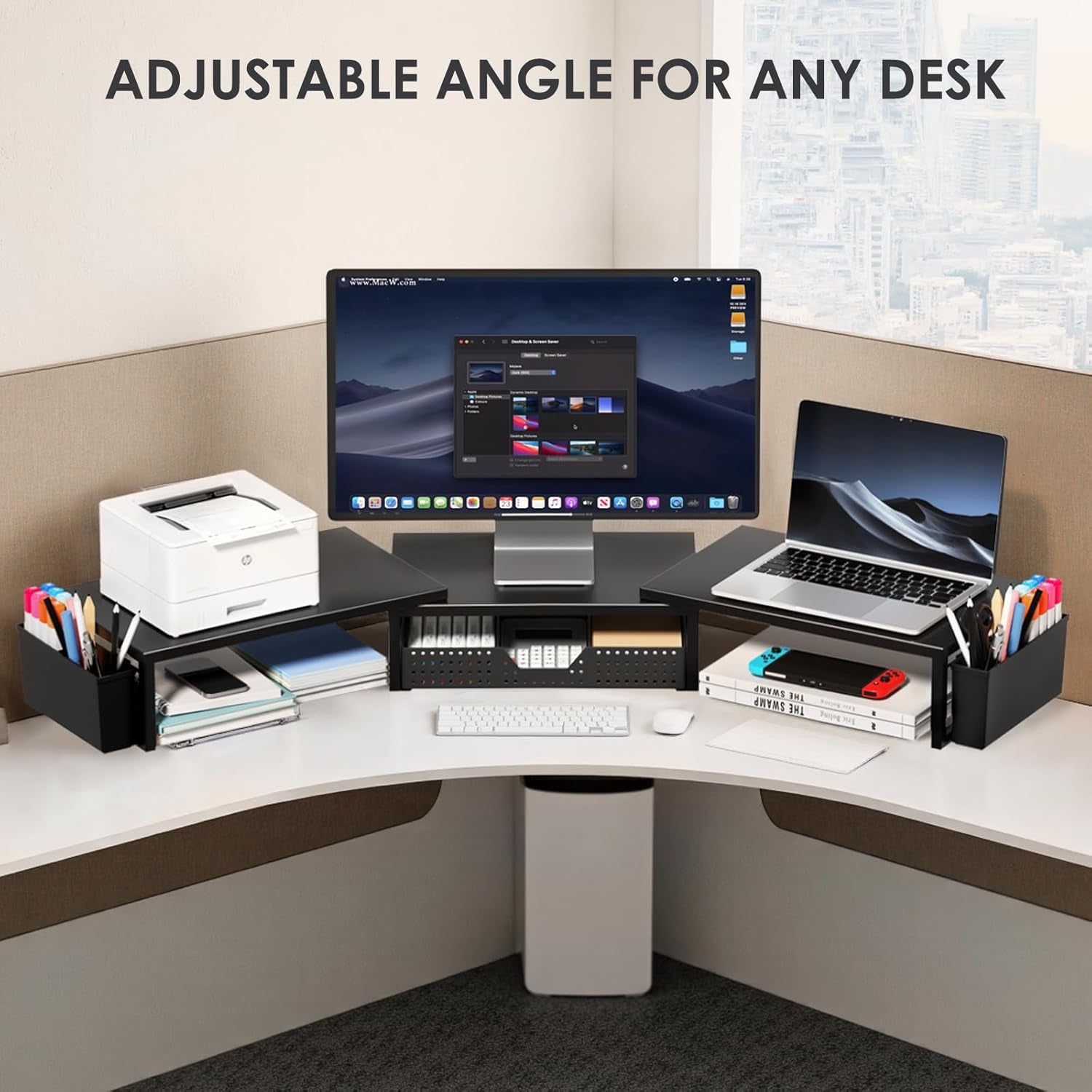 Desk Organizers and Accessories, Dual Monitor Stand Riser with Drawer and 2 Pen Holders, Desk Shelf Metal Computer Racks for Office Workspace Organizers, Desktop Organization (Black)