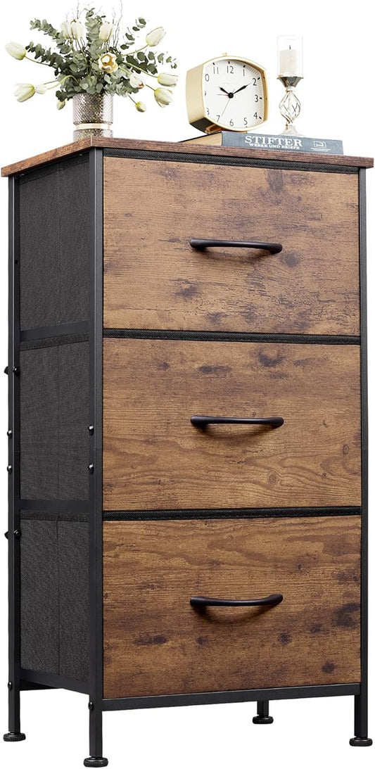 Dresser with 3 Drawers, Fabric Nightstand, Organizer Storage Dresser for Bedroom, Hallway, Entryway, Closets, Sturdy Steel Frame, Wood Top, Easy Pull Handle, Rustic Brown Wood Grain Print