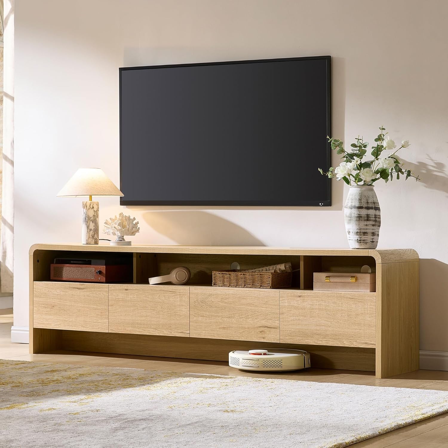 70" Modern TV Stand for Tvs up to 80", Wood TV Console with Curved Profile Design & 2 Storage Cabinets, Media Console Entertainment Center for Living Room, Natural Oak