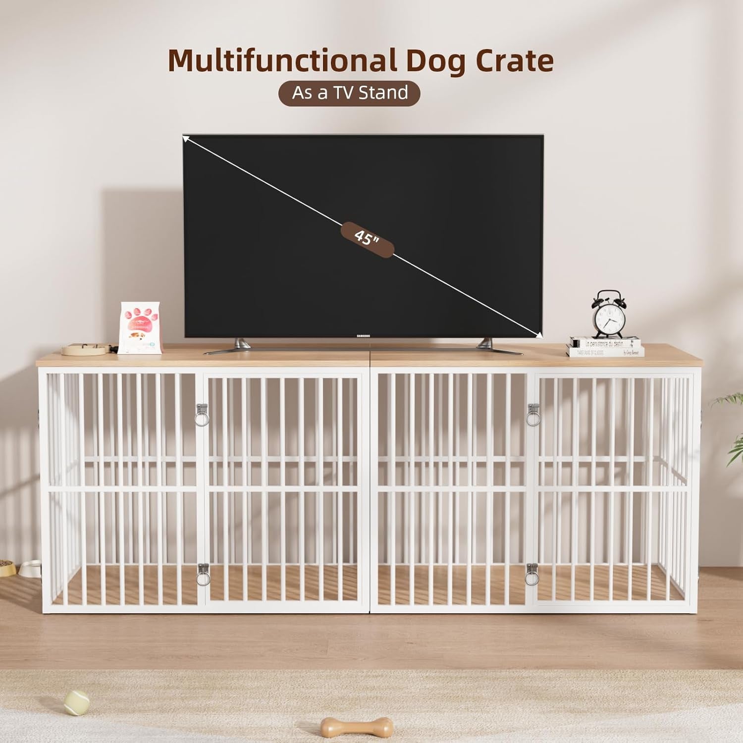 86.7" Double Dog Crate Furniture for 2 Large Dogs, Heavy Duty Wooden Dog Kennel with Removable Divider, XXL Dog Cage TV Stand End Table with 4 Doors, Double Locks for Each Door, White/Natural