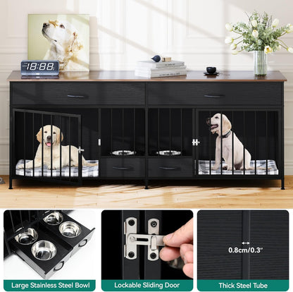 Double Dog Crate TV Stand with Dog Feeder, 74.8" Wooden Large Dog Kennel with Storage, Double Dog Crate Furniture for 2 Small Medium Dogs, Brown