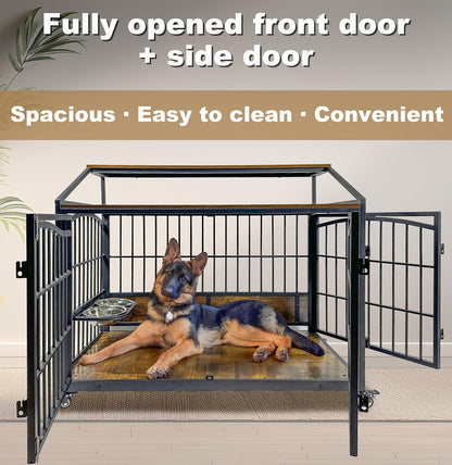 48 Inch Dog Crate Furniture, XXL Kennel Cage Rustic Wooden Pet House End Table Dog Home for Large Dogs with 2 Stainless Steel Bowls Indoor Use 48" L X 30" W X 40" H