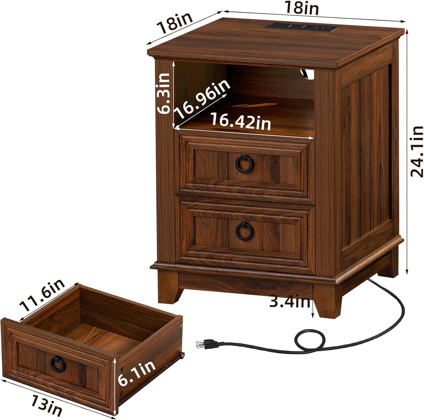 18" Farmhouse Night Stands Set of 2 with Charging Station, 2 Drawers End Table Dresser for Bedroom, Brown Wooden Nightstand, Bed Side Table with Open Shelf, Bedside Cabinet for Living Room