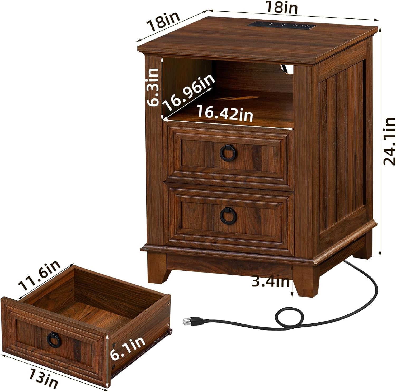 18" Farmhouse Night Stands Set of 2 with Charging Station, 2 Drawers End Table Dresser for Bedroom, Brown Wooden Nightstand, Bed Side Table with Open Shelf, Bedside Cabinet for Living Room