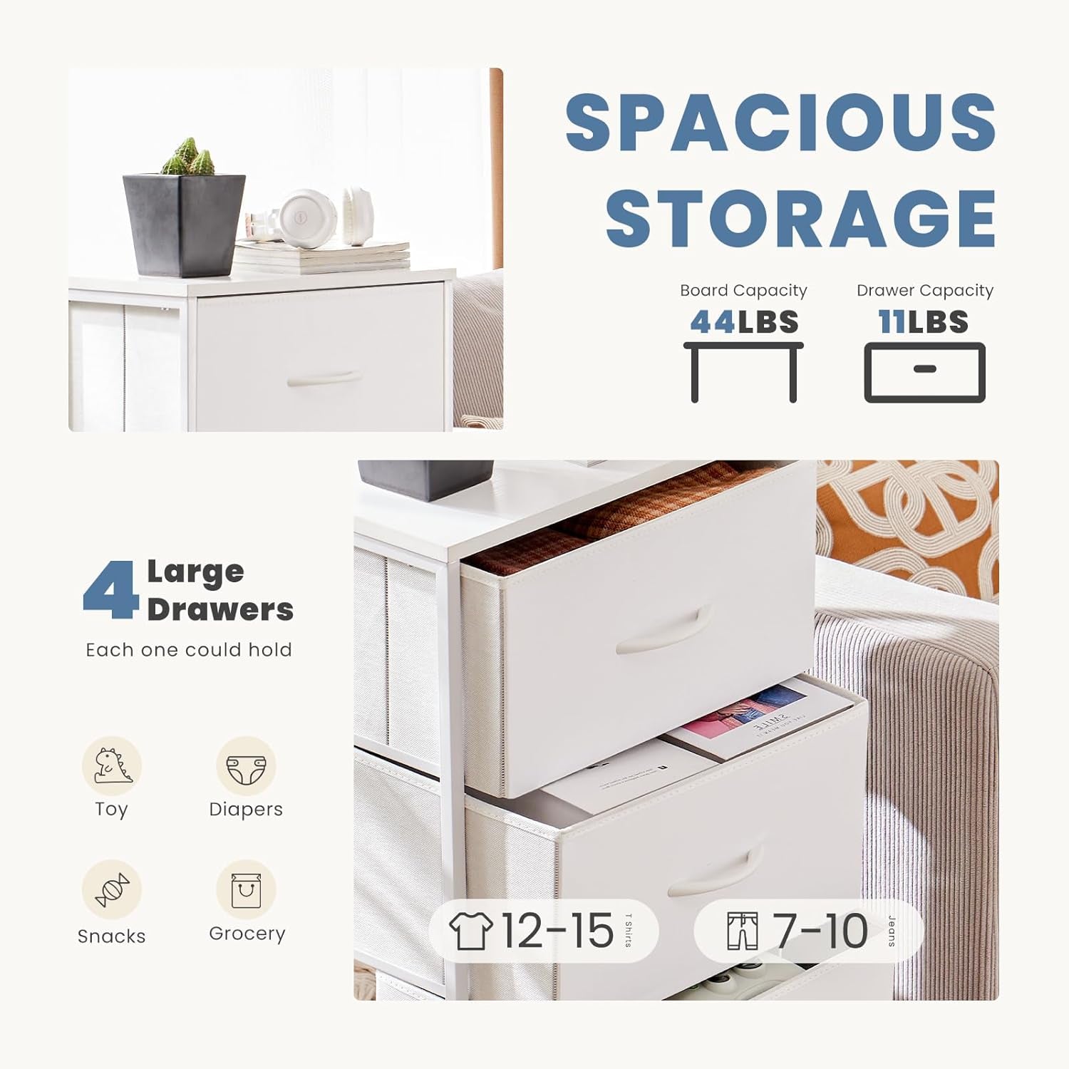 Nightstand with 4 Drawers Bedside Table with Removable Fabric Bins Sturdy Steel Frame Wood Top Organizer Furniture for Bedroom Nursery Closet Living Room