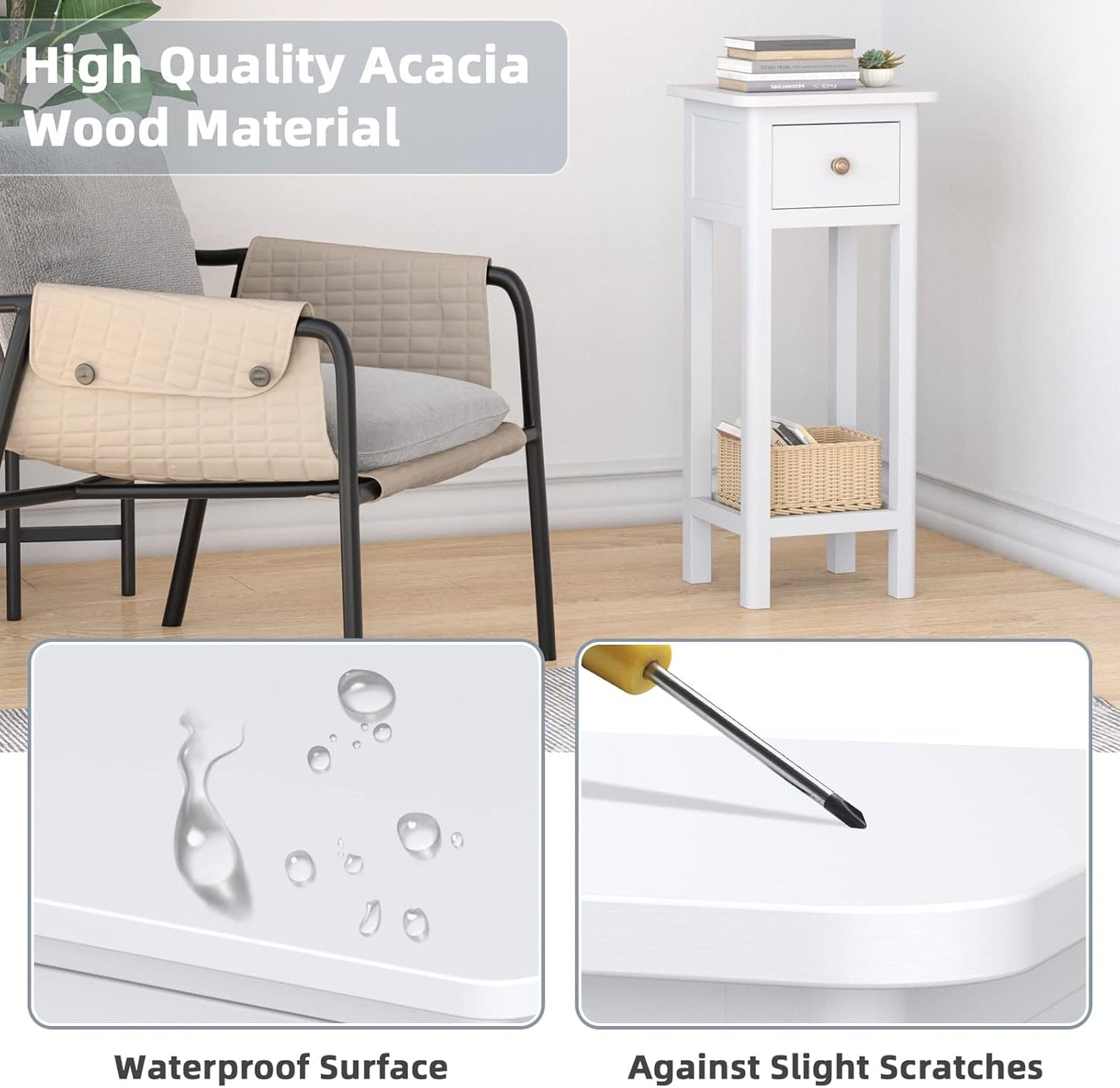 Tall End Table, Narrow Side Table with Drawer and Shelf, Acacia Wood Nightstand for Living Room, 2-Tier Bedside Table for Small Space, No Assembly, White