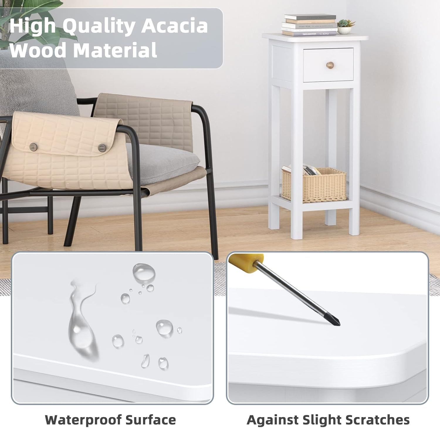 Tall End Table, Narrow Side Table with Drawer and Shelf, Acacia Wood Nightstand for Living Room, 2-Tier Bedside Table for Small Space, No Assembly, White