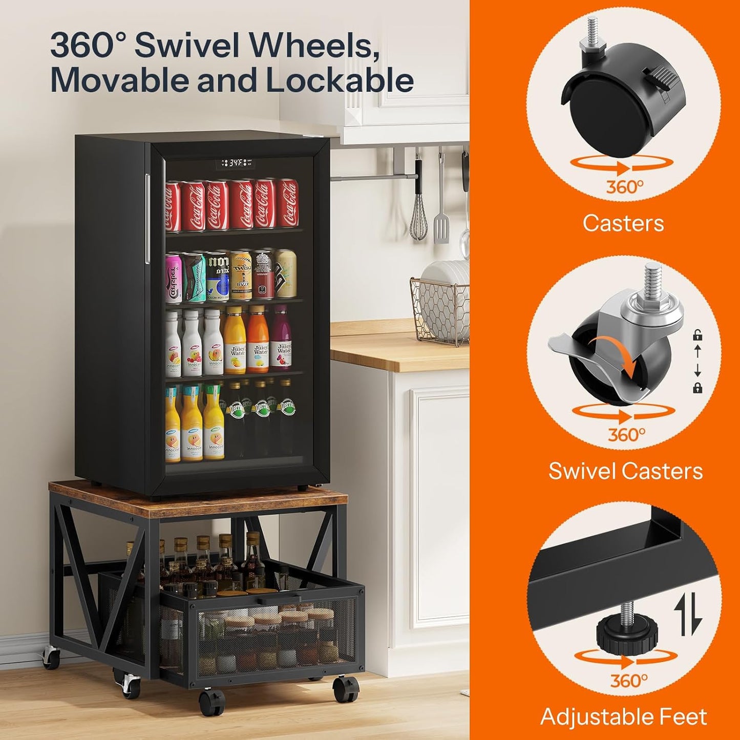 Mini Fridge Stand with Movable Storage Basket and Wheels, Mini Fridge Cabinet with Wheels, Sturdy Metal Frame, for Home, Office, Dorm, Rustic Brown and Black BF255TL01