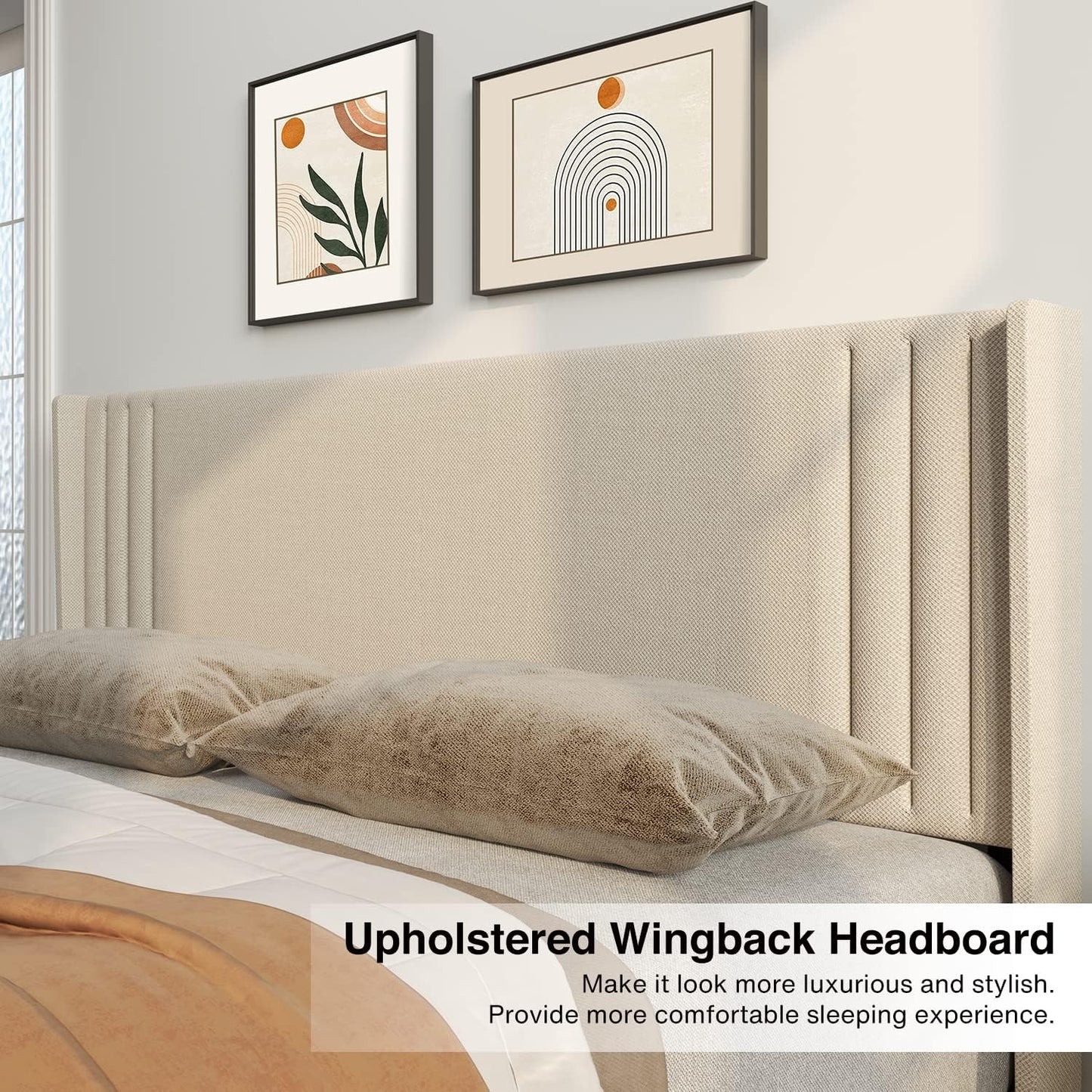 Queen Bed Frame with Wingback Headboard, Upholstered Platform Bed, Wooden Slats, Noise-Free, No Box Spring Needed, Easy Assembly