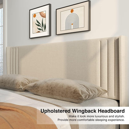 Queen Bed Frame with Wingback Headboard, Upholstered Platform Bed, Wooden Slats, Noise-Free, No Box Spring Needed, Easy Assembly
