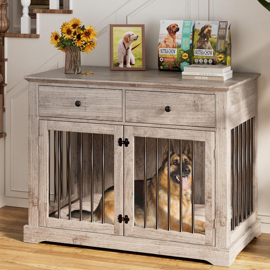 44Inch Dog Crate Furniture with Drawers,Wooden Dog Kennel Furniture for Large Breed,End Table Wood Dog House for Indoor Use (Grey)