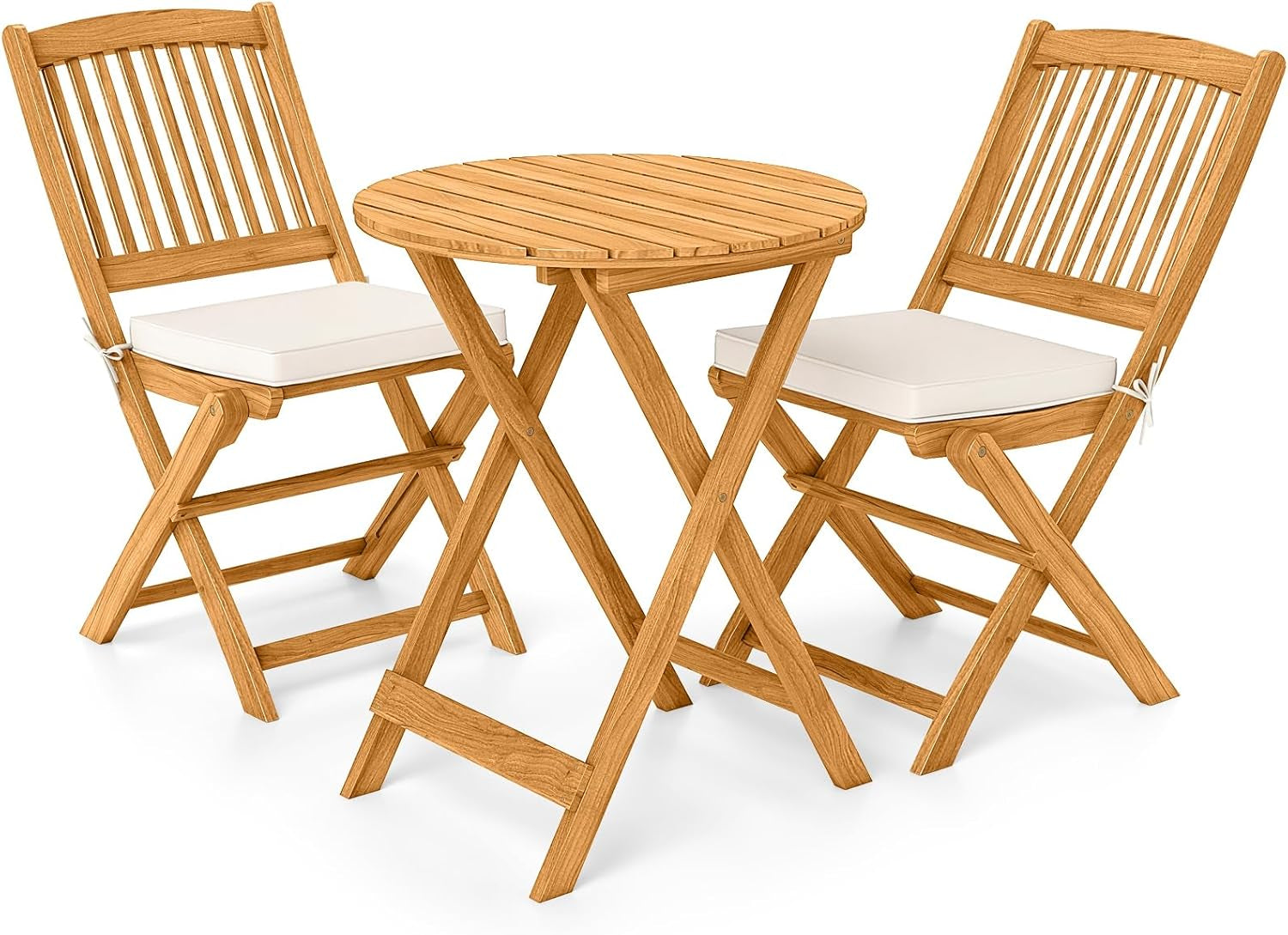 3Pcs Patio Bistro Set, Wood Folding Table Set, 2 Cushioned Chairs for Garden Yard, Outdoor Furniture round Table (Natural & Beige)