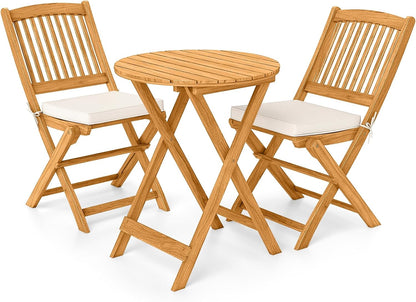 3Pcs Patio Bistro Set, Wood Folding Table Set, 2 Cushioned Chairs for Garden Yard, Outdoor Furniture round Table (Natural & Beige)