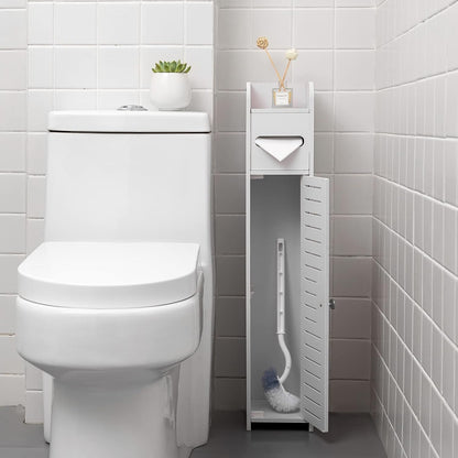 Toilet Paper Holder Stand, Small Bathroom Storage Cabinet, White, Space-Saving Design