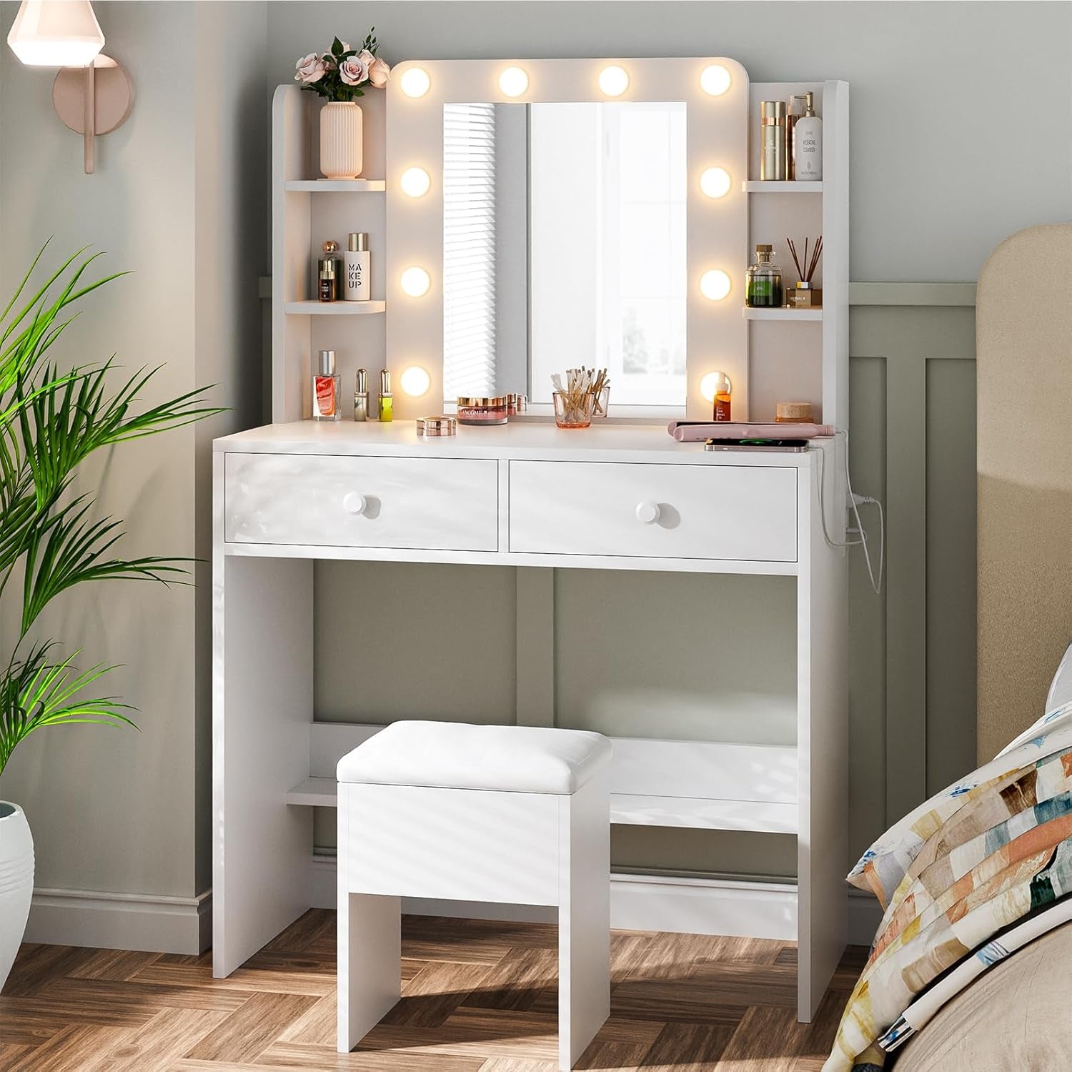 Vanity Desk with Lighted Mirror and Power Outlets, Makeup Vanity Set with Storage Drawer, Shelves and Chair, White Dressing Table with 3 Color Lighting Modes for Bedroom