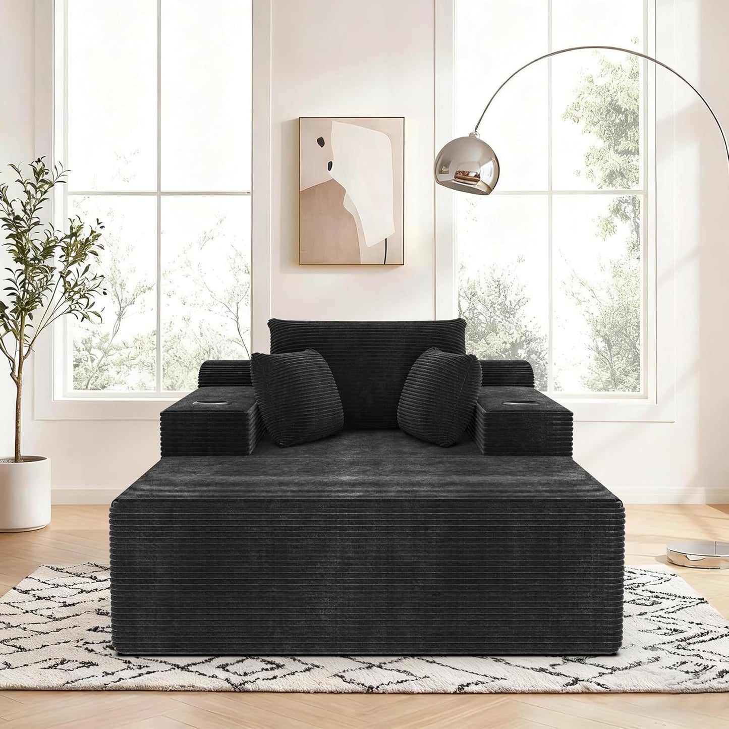 67 Inches Chaise Lounge Chair Indoor, Oversized Boneless Couch with 3 Throw Pillows and Armrests, Corduroy Upholstered Plush Sofa Bed with Storage, Lazy Chair Bed Sleeper for Living Room, Black