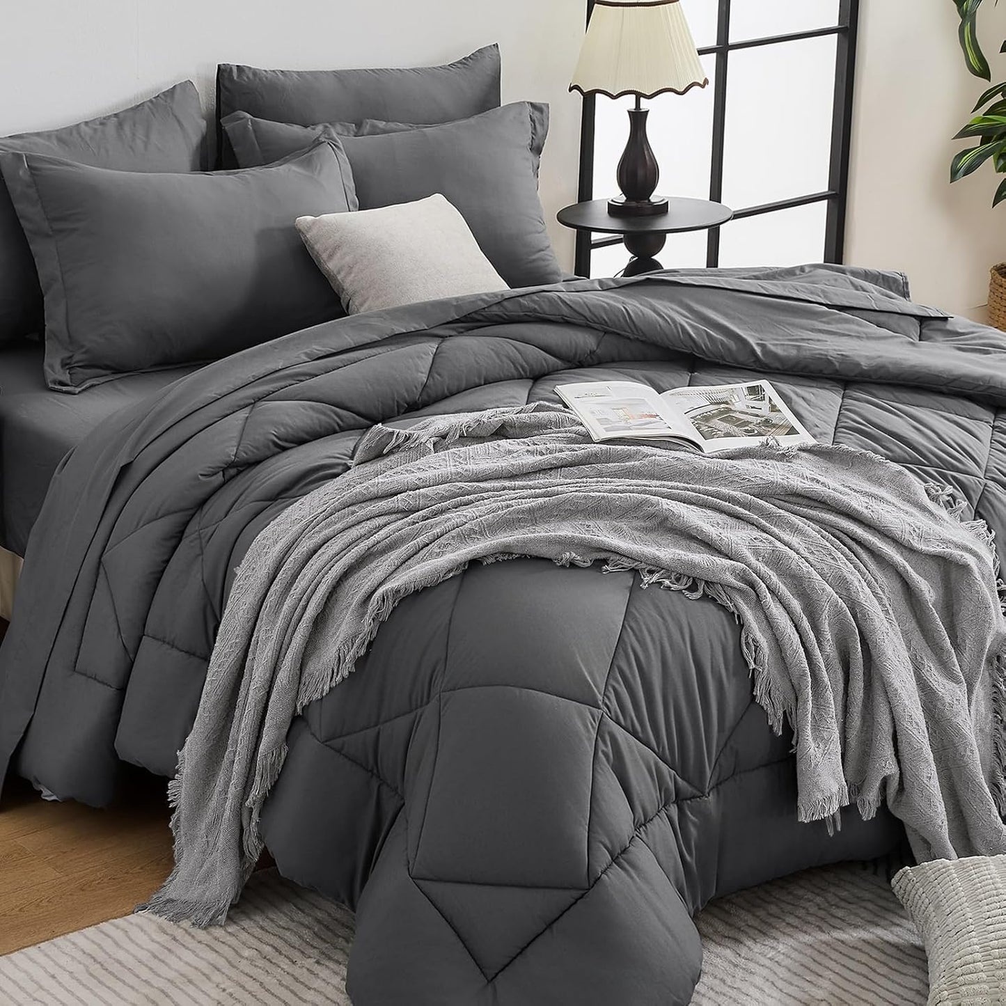 7 Pieces Queen Comforter Set, All Season Reversible Bed in a Bag Queen, Ultra Soft Queen Bedding Set with Grey Comforter, Flat Sheet, Fitted Sheet, Pillowcases, Pillow Shams, Dark Grey