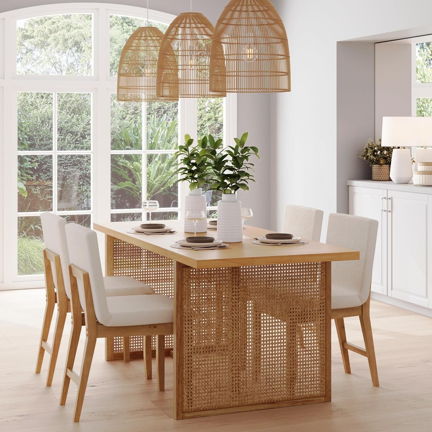 Willow Boho Dining Table for 6 with Solid Wood Legs, 6-Person Natural Wood Dining Table, Warm Pine or Brown with Bohemian Rattan Accent