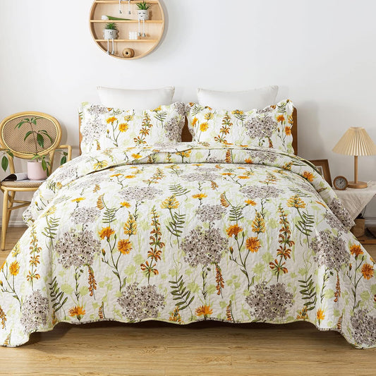 3-Piece Quilt Set Quilted Bedspread Lightweight Reversible Coverlet Set Floral Printed Oversized Quilted Bedding Set with Shams for All Season, Yellow Flower, King Size
