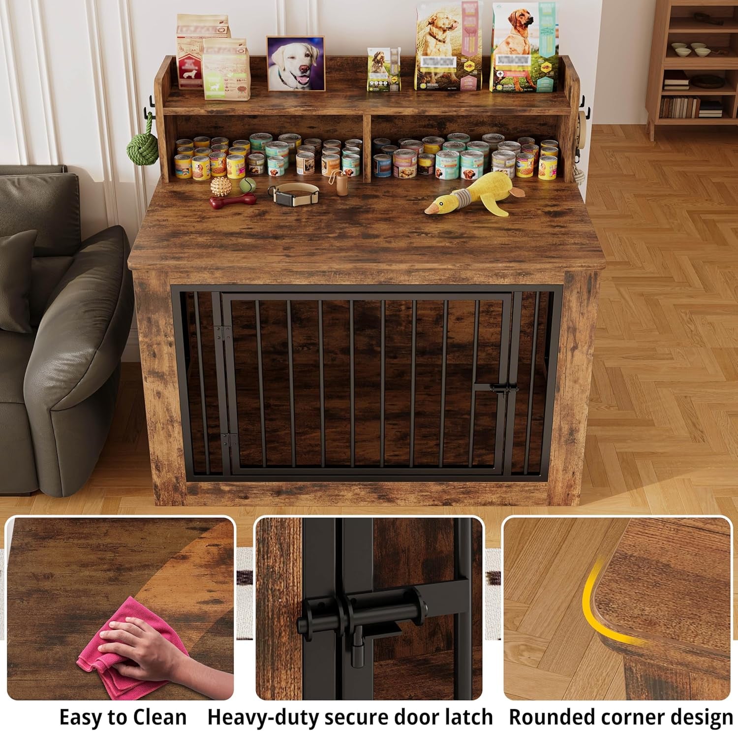 Extra Large Dog Crate Furniture, 43.3 Inches Wooden Dog Crate with Storage and 4 Hooks, Heavy Duty Pet Crate for Large Dog, Decorative Pet Cage for Indoor (30" L X 43.3" W X 41.1" H)