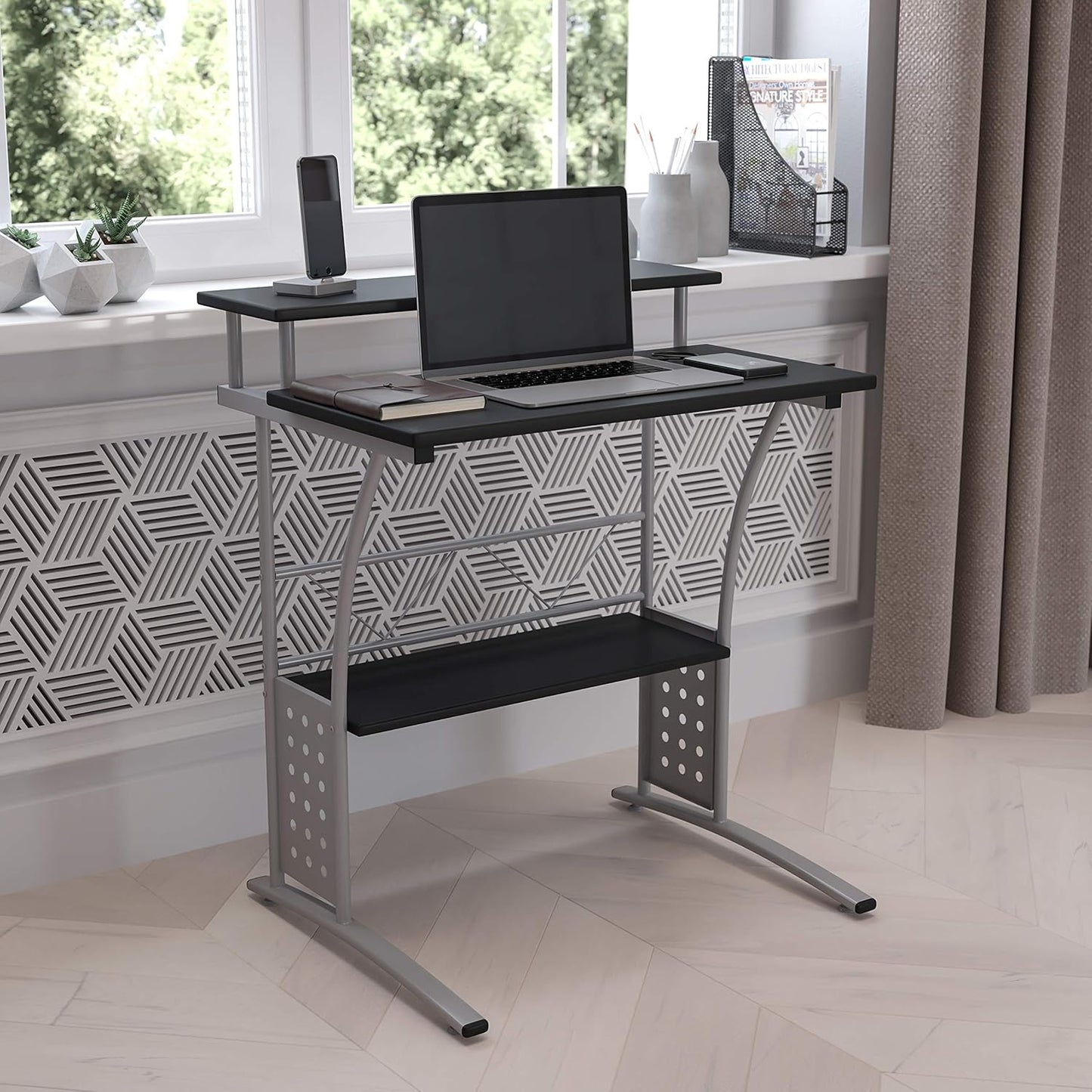 Clifton Modern Office Computer Desk with Top and Bottom Storage Shelves, Small Computer Desk for Home Office, 28"W, Black