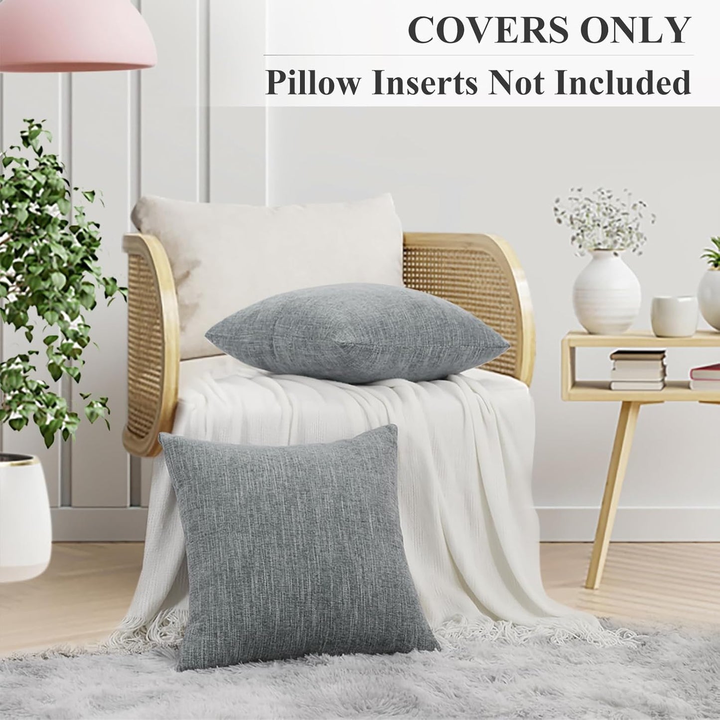 Christmas Chenille Decorative Throw Pillow Covers 18X18 Set of 2, Farmhouse Textured Square Neutral Solid Accent Pillow Covers for Couch Sofa Bed Living Room Home Decor, Grey