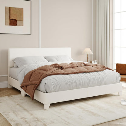Full Size Bed Frame with Adjustable Headboard, Faux Leather Platform Bed with Wood Slats, Heavy Duty Mattress Foundation, No Box Spring Needed, Noise-Free, Easy Assembly, White