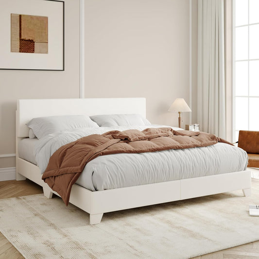 Full Size Bed Frame with Adjustable Headboard, Faux Leather Platform Bed with Wood Slats, Heavy Duty Mattress Foundation, No Box Spring Needed, Noise-Free, Easy Assembly, White