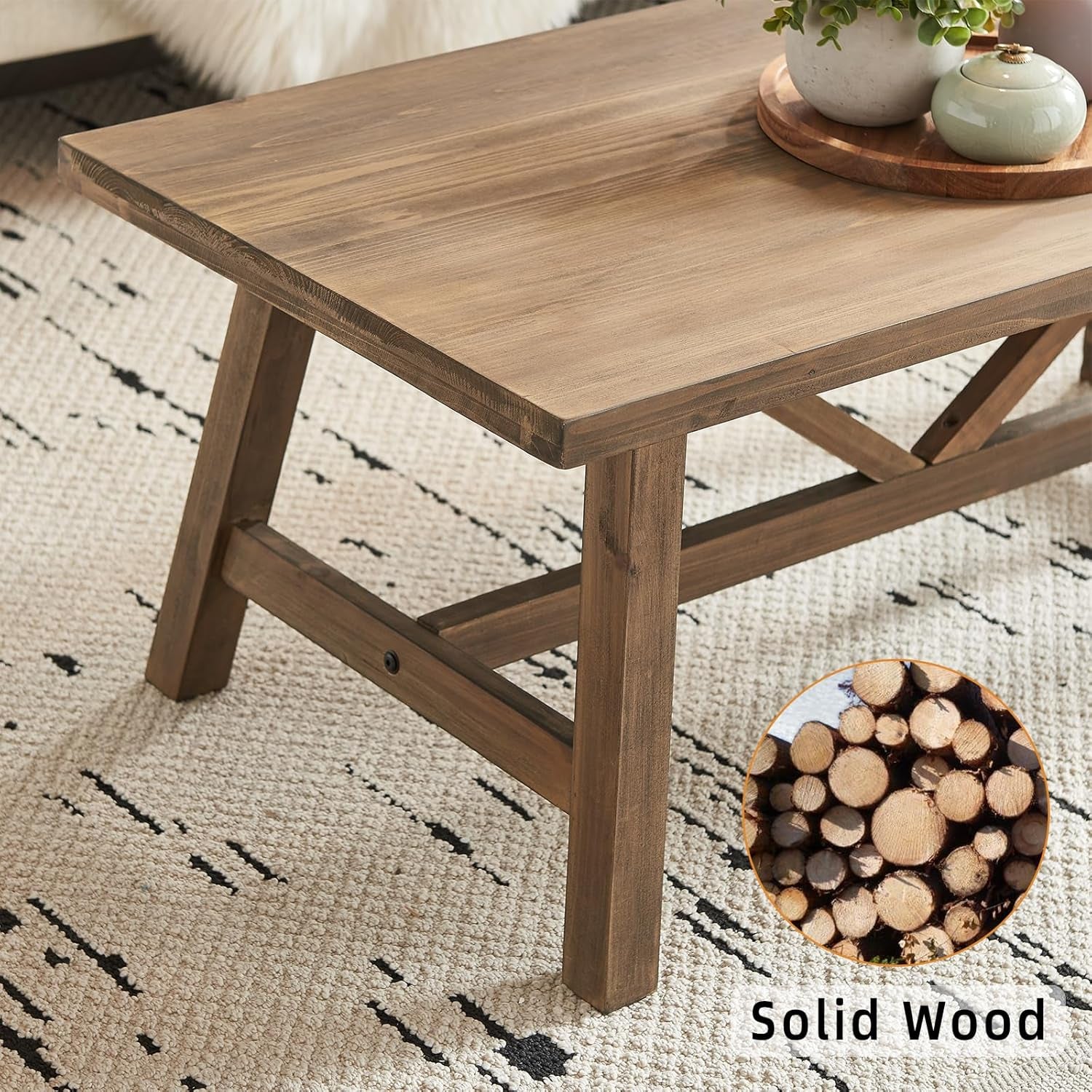 Farmhouse 43" Coffee Table,Solid Wood Center Tables for Living Room and Office, Rustic Wooden Rectangular Table with V-Shaped Support, Natural