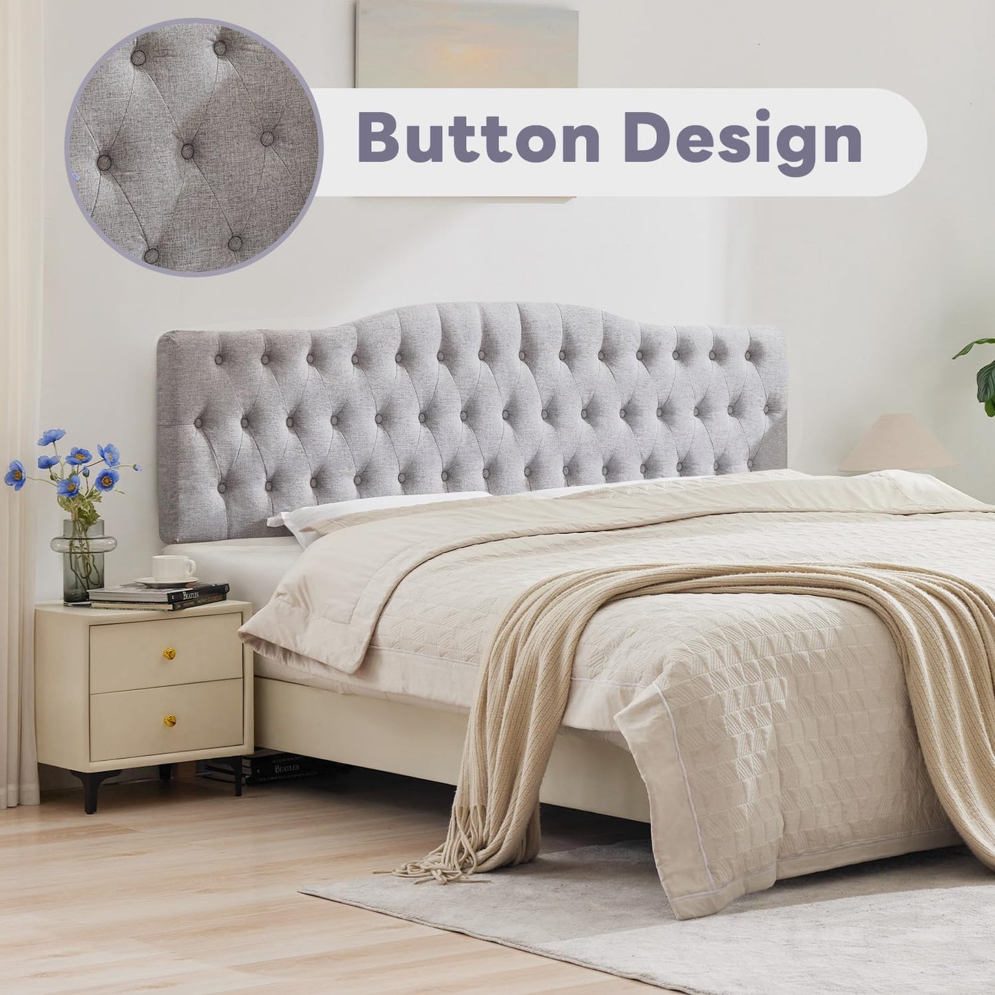 Upholstered Full Headboard, Button Diamond Tufted Headboards with Adjustable Height and Solid Wood Leg, Linen Fabric Padded Headboard for Full Size Bed, Mordern Head Board, Grey
