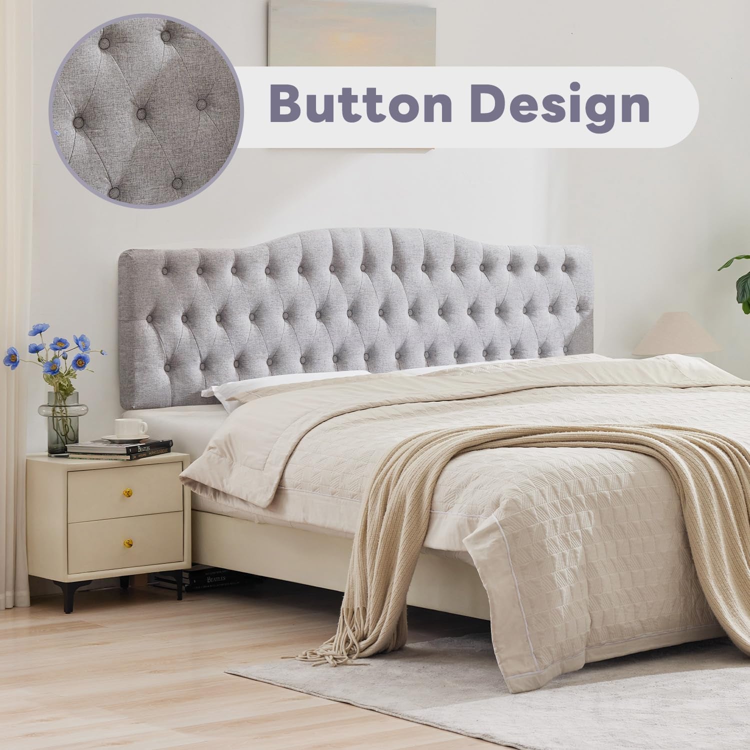 Upholstered Full Headboard, Button Diamond Tufted Headboards with Adjustable Height and Solid Wood Leg, Linen Fabric Padded Headboard for Full Size Bed, Mordern Head Board, Grey