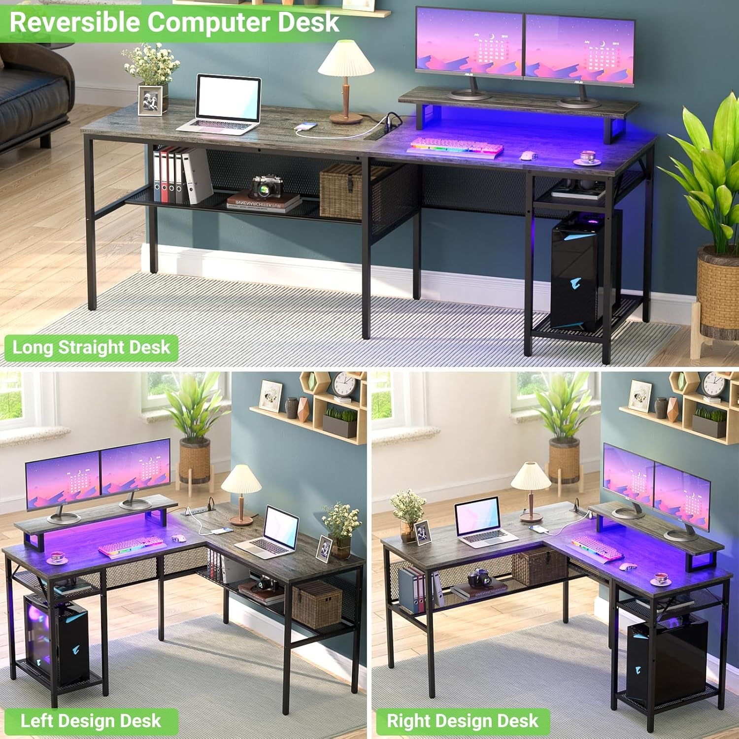 L Shaped Computer Desk with Magic Power Outlets and Smart LED Light, Reversible 55 Inch Corner Office Desk with Monitor Stand, Unique Grid Design, Gaming Table with Storage, Black Oak